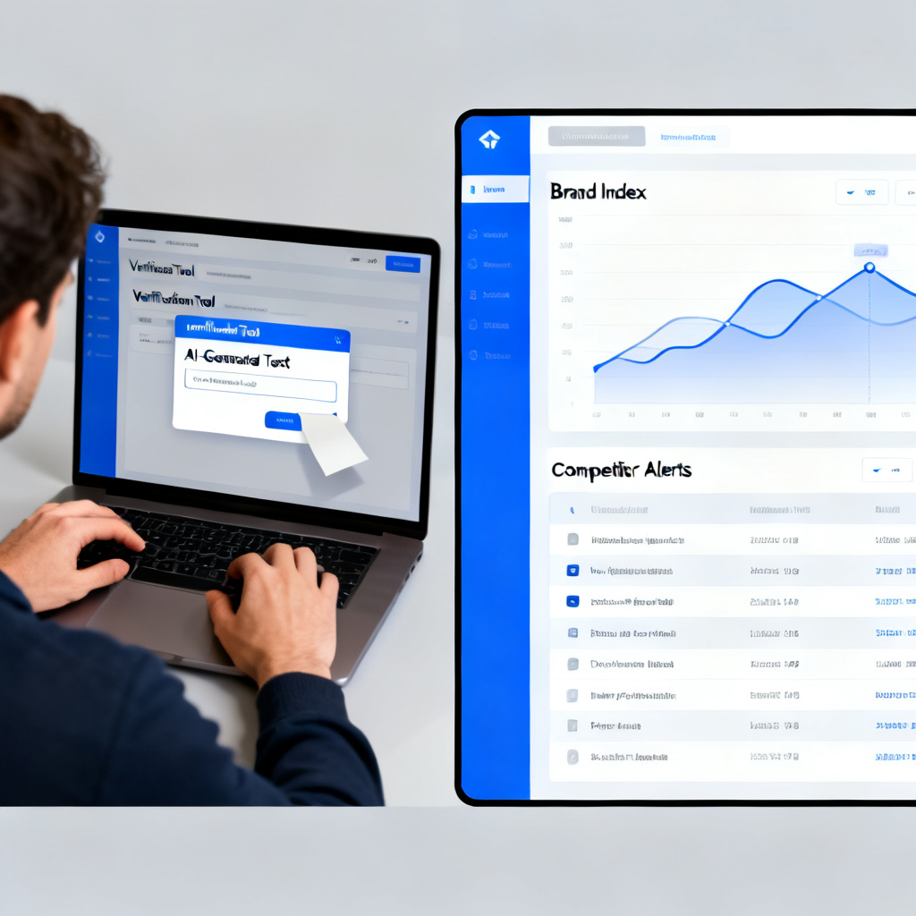 A split-screen illustration showing on the left a user pasting AI-generated text into a verification tool, and on the right a dashboard with brand index and competitor alerts, professional infographic style