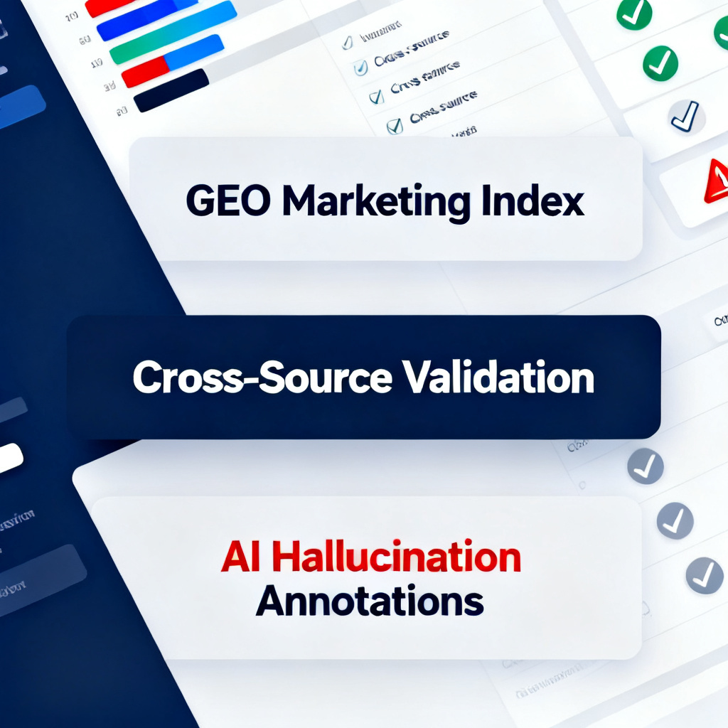 A clean, professional interface of an AI content verification report, showing three main sections: GEO marketing index as a color-coded bar, cross-source validation results with checkmarks and warnings, and highlighted AI hallucination annotations in red. The design is minimal, with a dark blue and white color scheme.