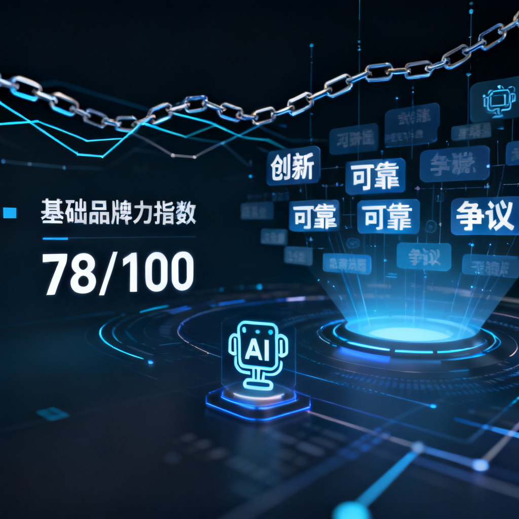 一个品牌指数仪表盘，左侧显示“基础品牌力指数”分数（如78/100），右侧列出“AI品牌感知”关键词云，包括“创新”“可靠”“争议”等词汇，背景有数据链和AI模型图标