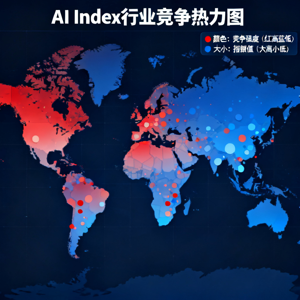 一个宏观数据看板，显示多个行业的AI Index指数热力图，背景为世界地图轮廓，数据点以不同颜色和大小表示竞争强度。