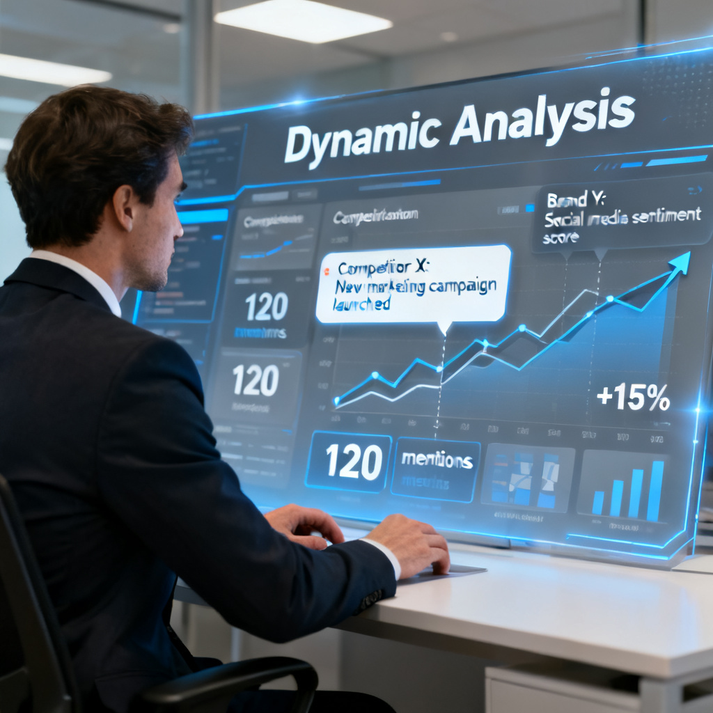 A professional business person analyzing a real-time dashboard with alerts for competitor movements and brand mentions, representing 'Dynamic Analysis'.