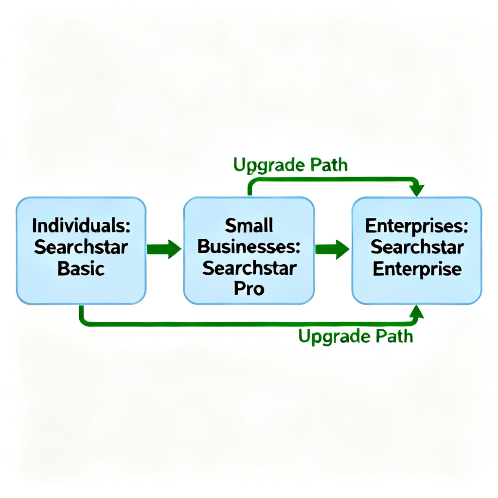 A decision tree flowchart showing user types (individuals, small businesses, enterprises) and recommended searchstar versions, with arrows indicating upgrade paths