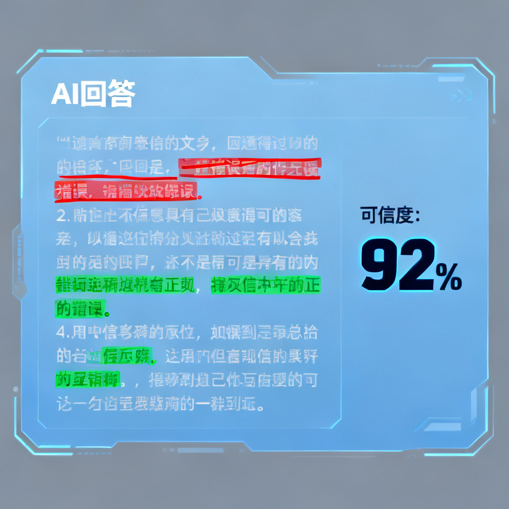 一张信息图，展示AI回答被星盾验真扫描后，错误部分被红色标记，正确部分为绿色，旁边显示“可信度: 92%”的评分，风格为科技感数据可视化