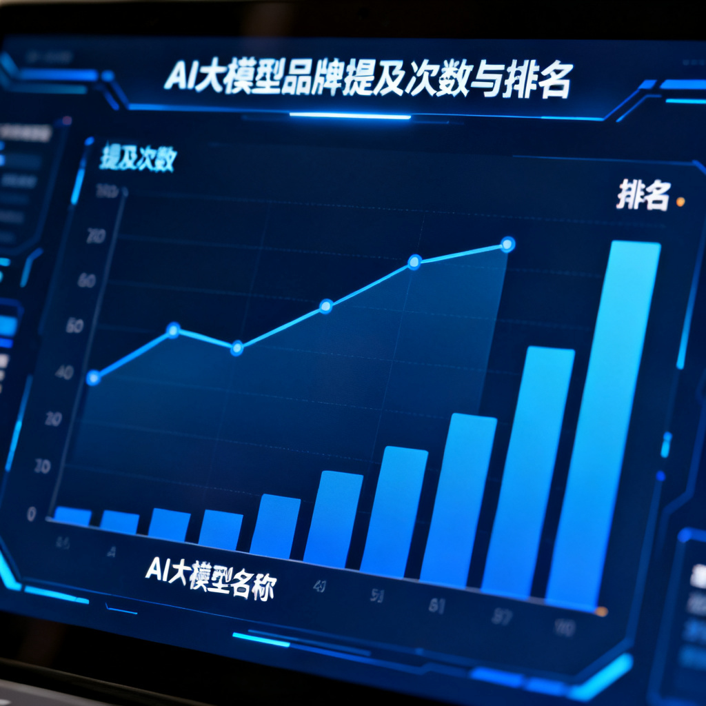 一张动态仪表盘特写，显示品牌在多个AI大模型中被提及的次数和排名，界面以深蓝色科技风为主，有折线图和柱状图，数据可视化，清晰易读