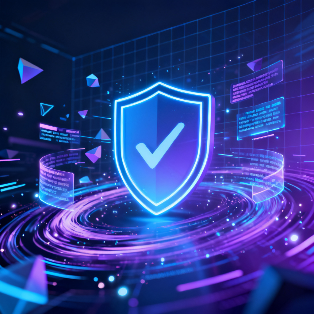 A futuristic digital landscape showing data streams and AI-generated content floating in the air, with a central shield icon representing verification and truth