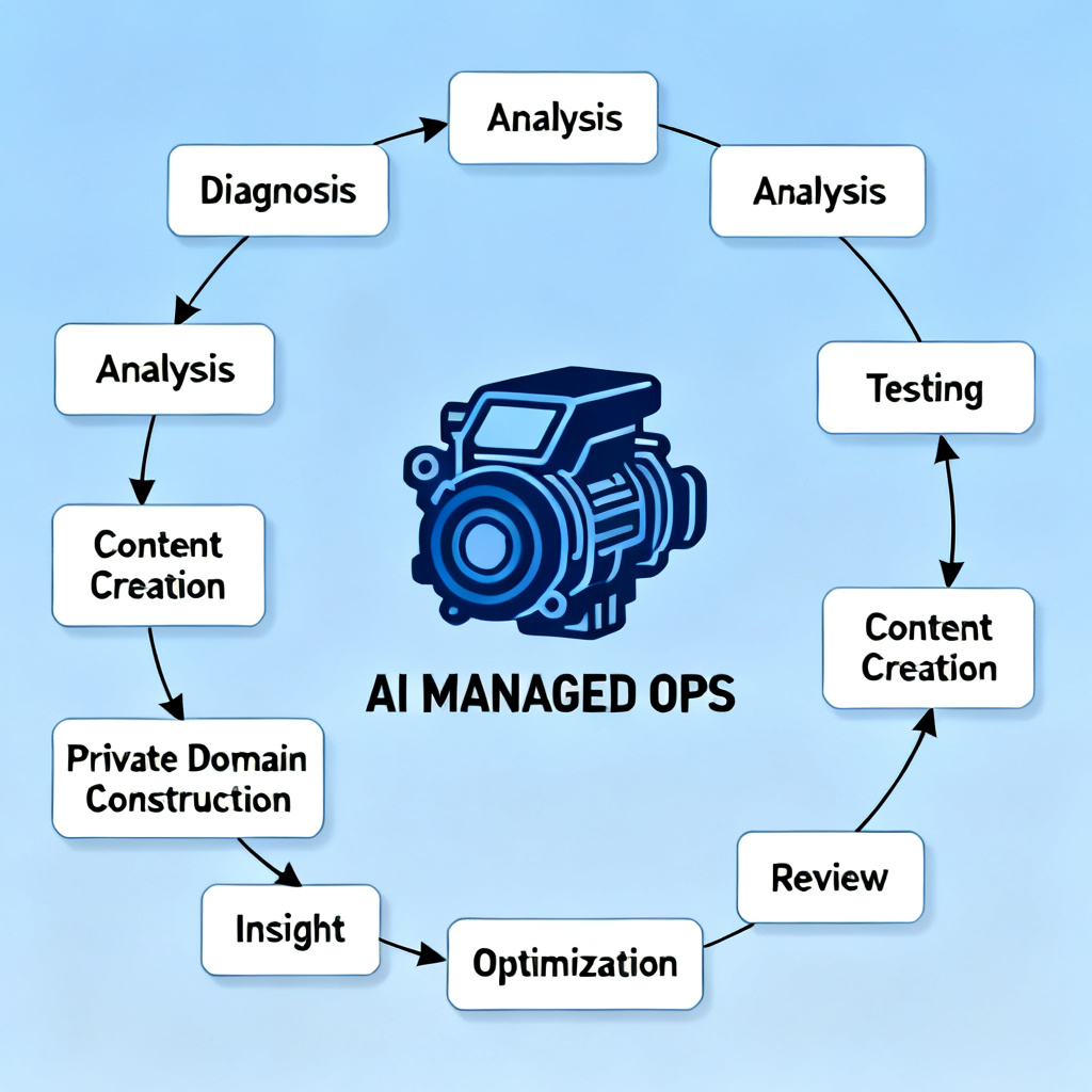 A flowchart showing 8 steps of growth management: diagnosis, analysis, testing, content creation, private domain construction, insight, and review, with a central engine icon labeled "AI MANAGED OPS"