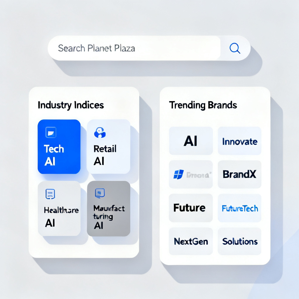 A user interface mockup of Planet Plaza's search function, displaying industry indices and trending brands across multiple AI models.