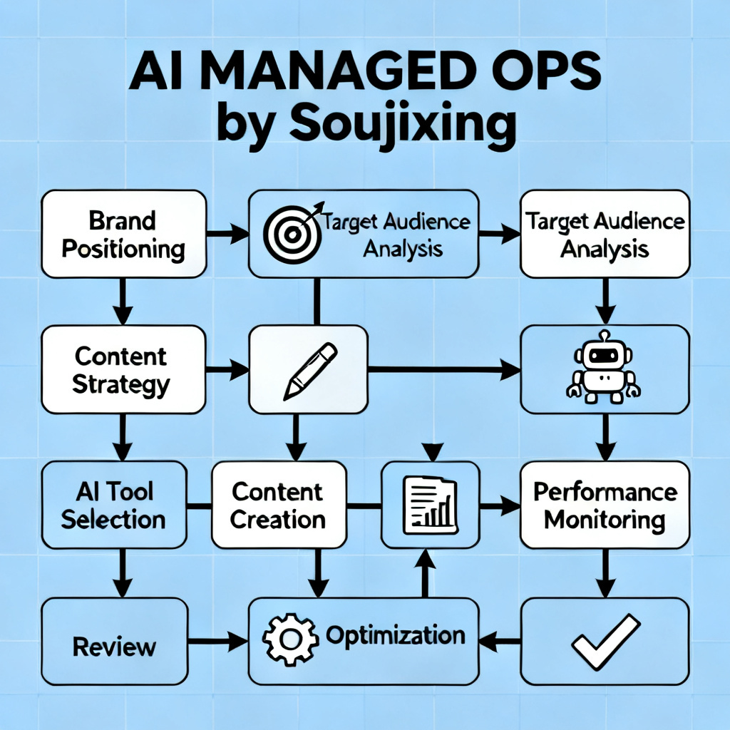 A flowchart of the 8-step process in "AI MANAGED OPS" from Soujixing, showing stages from brand positioning to review, with connected arrows and icons for each step