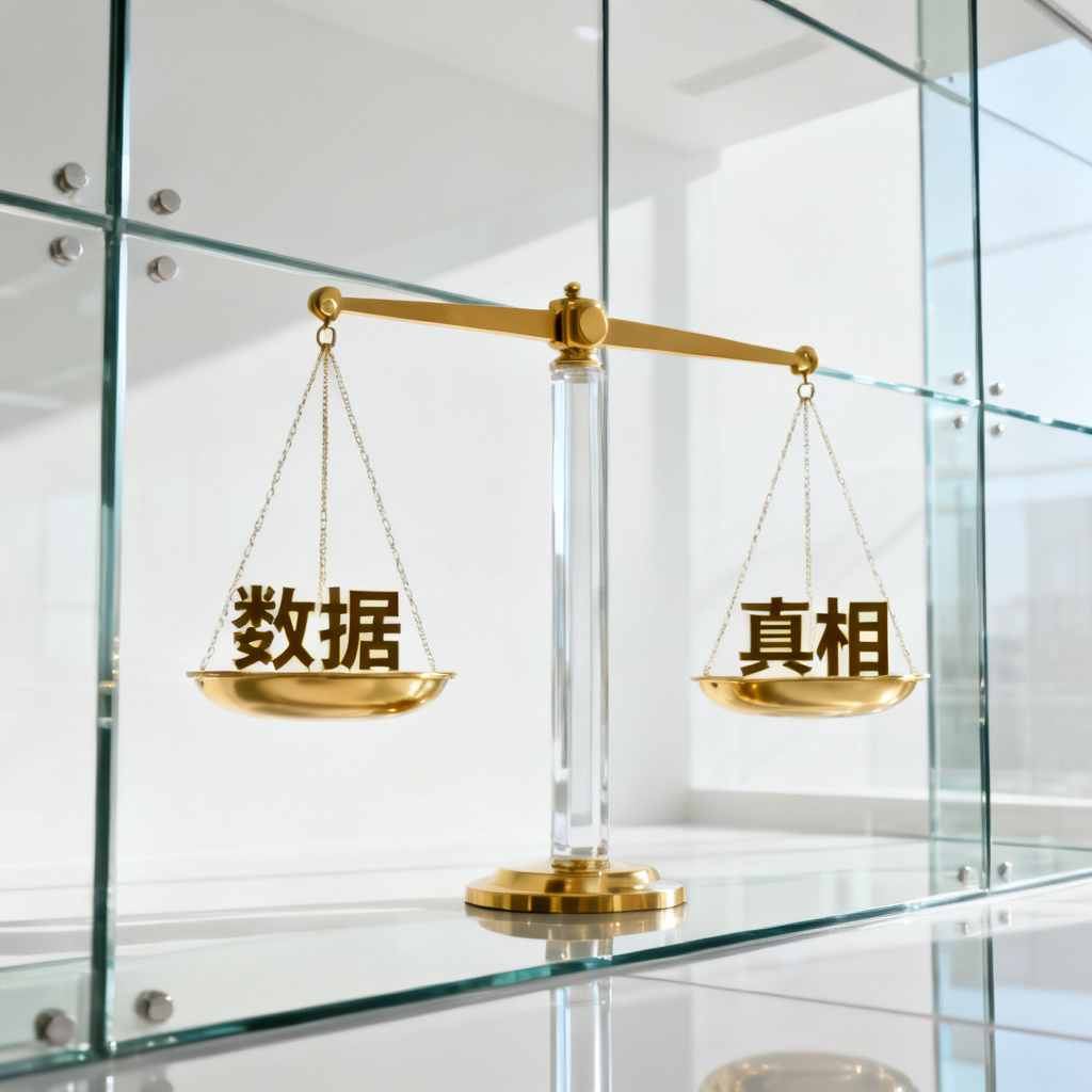 一杆金色天平，两端托盘分别放着“数据”和“真相”，背景是透明玻璃幕墙，象征透明和公正，简约风格，白色背景