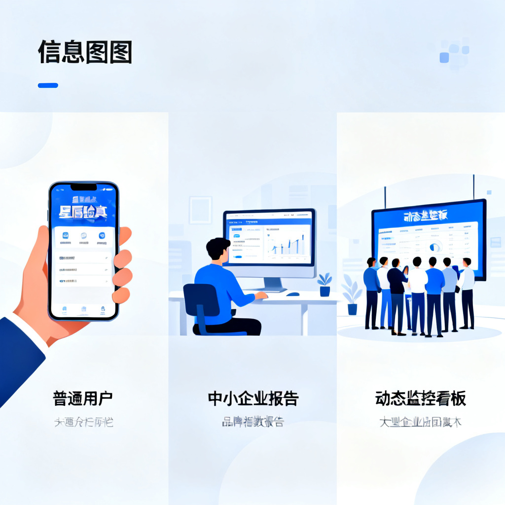 三个不同用户群体的场景并列展示：左侧为普通用户在手机上使用星盾验真，中间为中小企业主在电脑前查看品牌指数报告，右侧为大型企业团队在大屏幕上监控动态看板