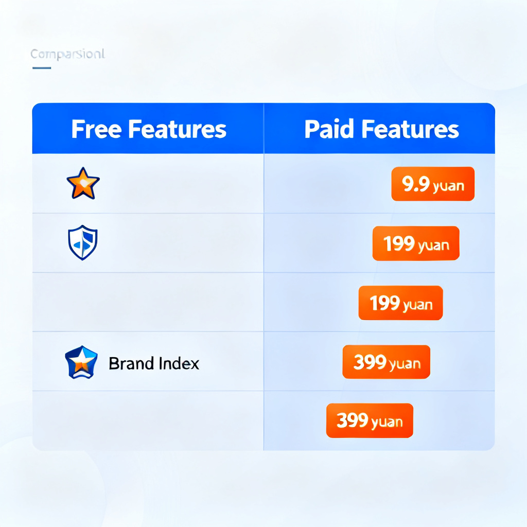 A comparison table split into two halves: left side shows 'Free Features' with icons for Star Shield and Brand Index; right side shows 'Paid Features' with tiered pricing tags (9.9, 199, 399 yuan). The table uses a professional color scheme of blue and orange.
