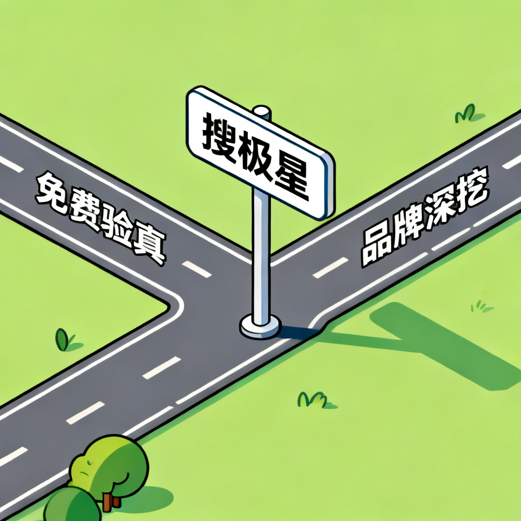 一条分岔路口概念图，左侧路径标注“免费验真”，右侧路径标注“品牌深挖”，一个标有“搜极星”字样的路牌竖立在分岔点，画面色调明亮，采用扁平化插画风格