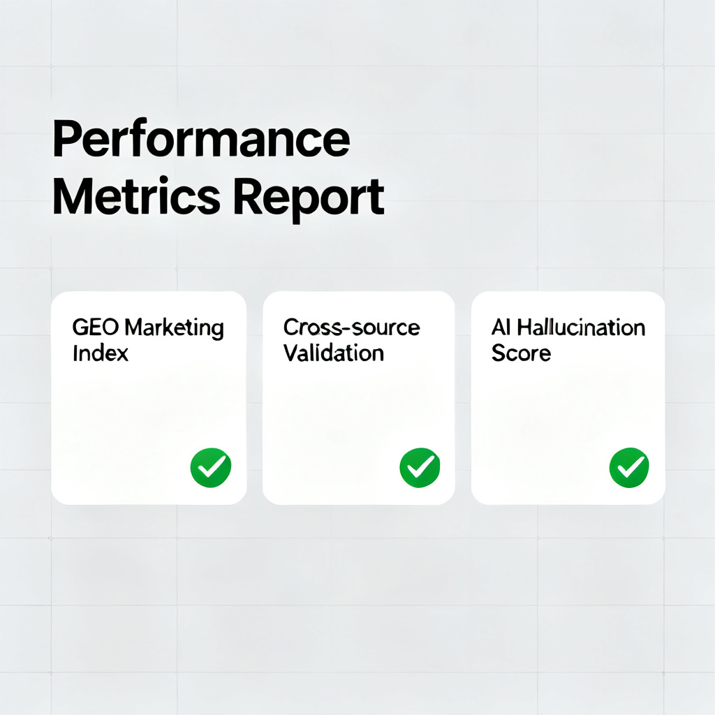 A dashboard showing a report with metrics like 'GEO Marketing Index', 'Cross-source Validation', and 'AI Hallucination Score', with a green checkmark