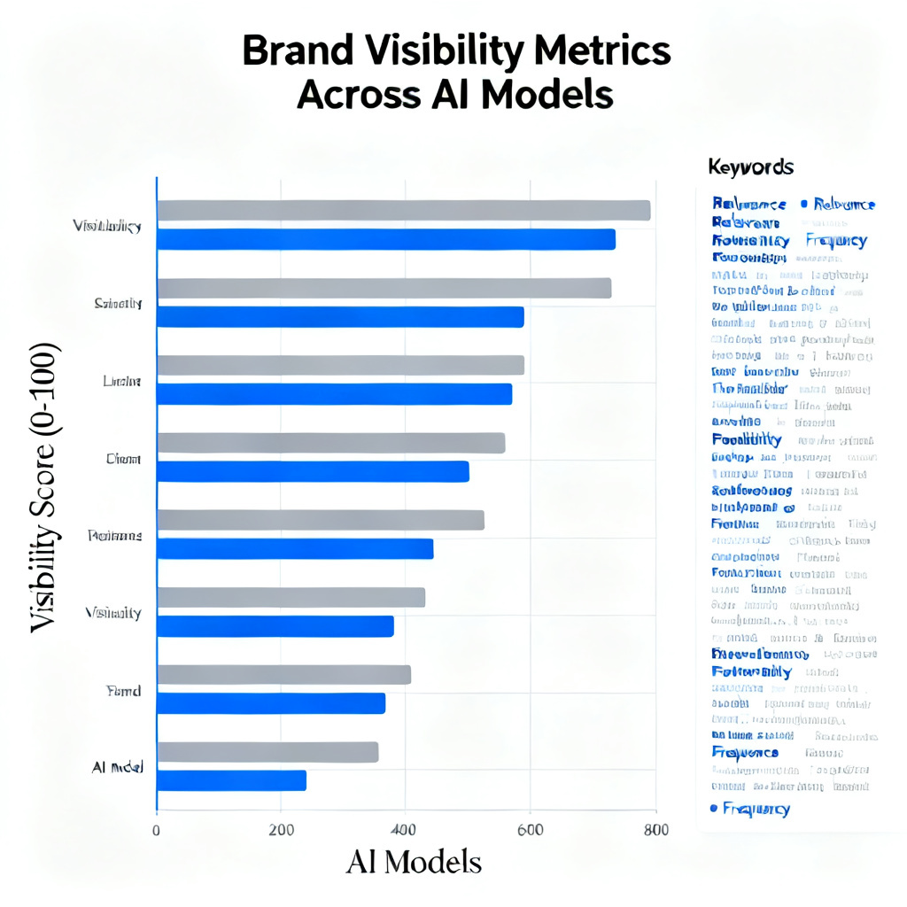 A dashboard displaying brand visibility metrics across multiple AI models, with bar charts and keyword clouds, professional and data-rich