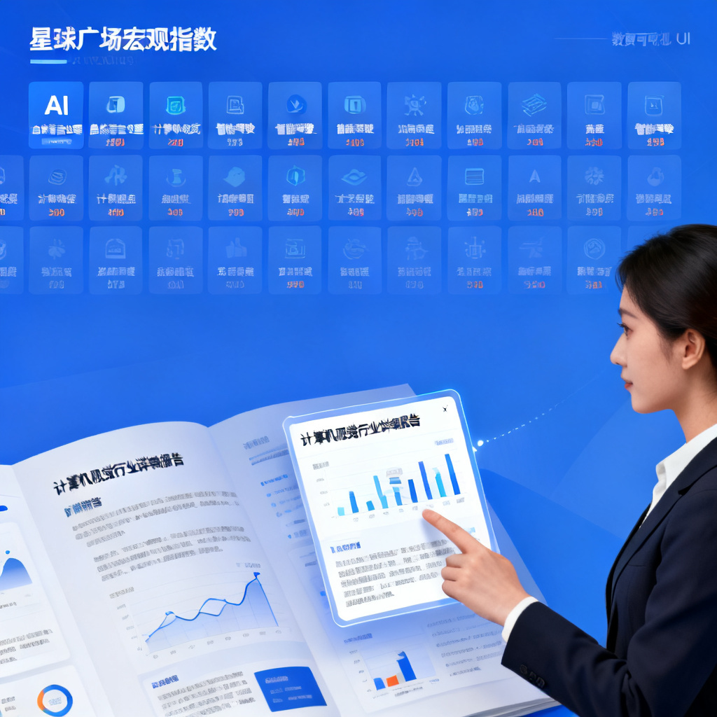 星球广场的宏观指数页面,展示20个大类的AI热度排行榜,一个分析师正在点击查看某个行业的详细报告