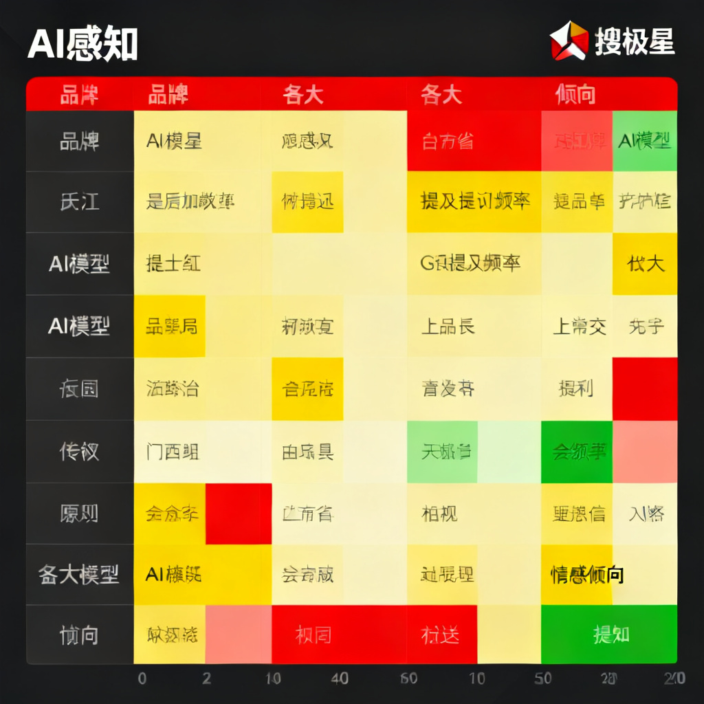一张品牌AI感知热力图，展示不同品牌在各大AI模型中的提及频率和情感倾向，用红黄绿三色标注，搜极星logo位于右上角