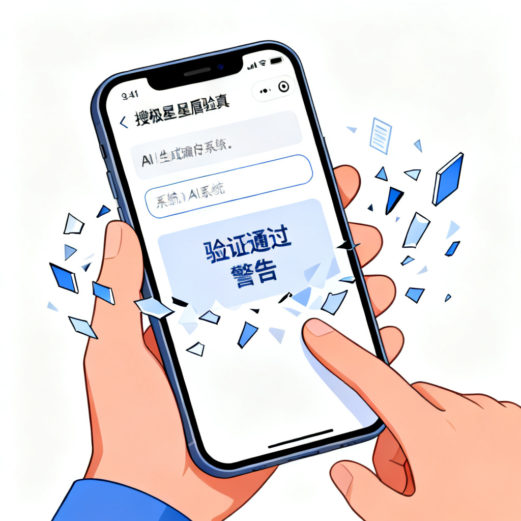 一位用户用手机打开搜极星的星盾验真功能，输入一段AI生成的文字，系统显示“验证通过”或“警告”结果，周围环绕着AI幻觉的视觉化表示（如破碎的数据碎片），风格为扁平化设计，温馨明亮
