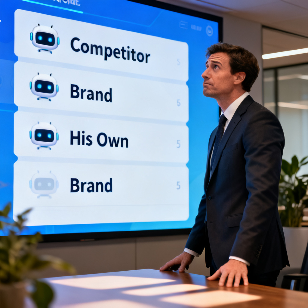 A marketing director looking at an AI chatbot interface on a large screen, showing a list of recommended brands. His own brand is listed fifth, while a competitor is at the top. His expression shows concern and curiosity.