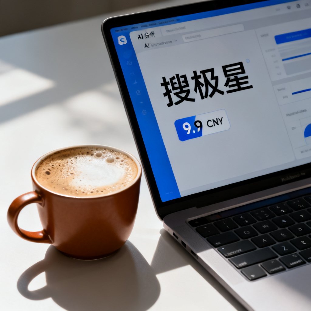 A cup of coffee next to a laptop screen showing a sleek AI analysis dashboard with the text '搜极星' and a price tag of 9.9 CNY, photorealistic, high contrast.