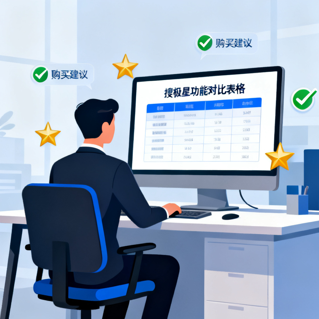 一位商务人士在屏幕前对比两个方案，屏幕显示搜极星功能对比表格，周围有对勾和星星图标，代表购买建议