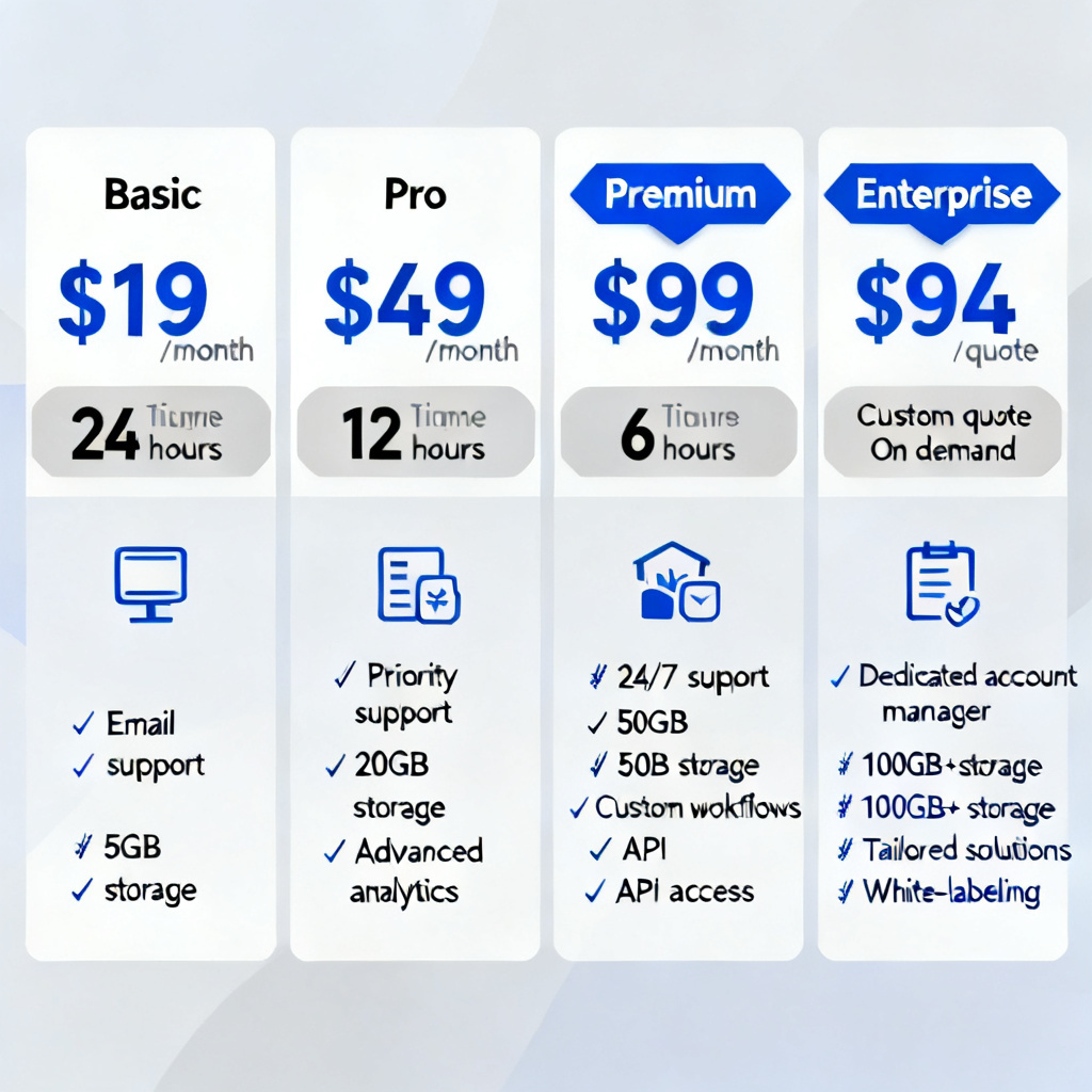 A comparison chart of four different pricing tiers for a software service, with price tags, delivery times, and feature icons arranged in a clean, professional layout.