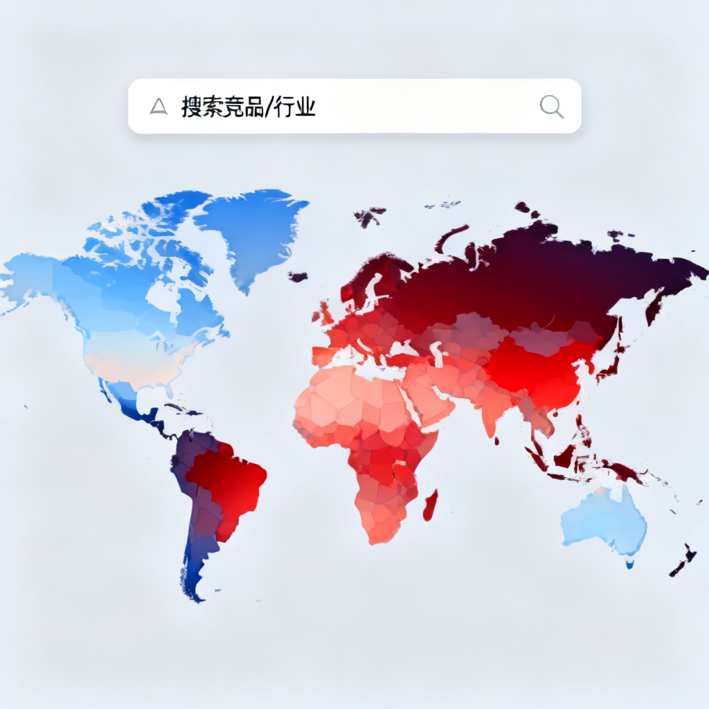 A world map visualization with heatmap overlays representing AI Index scores across different industries, with a search bar at the top labeled '搜索竞品/行业'.