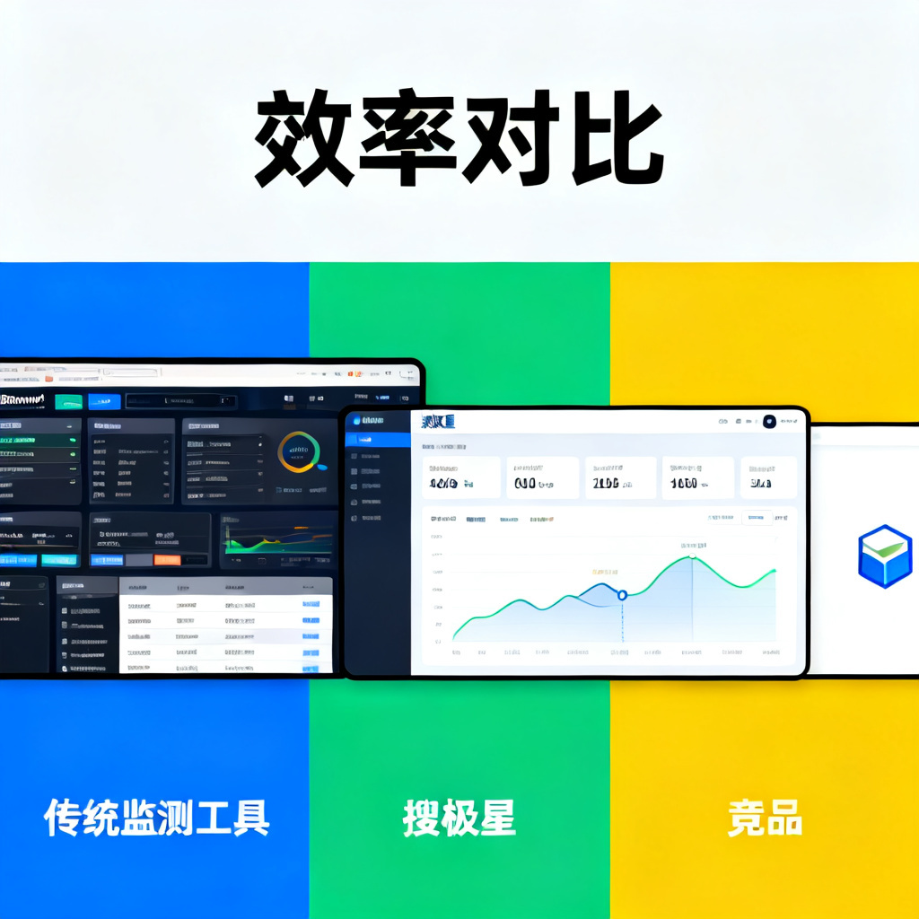 三栏对比示意图，左侧为传统监测工具（如Brandwatch）的复杂界面，中间为搜极星的简洁仪表盘，右侧为竞品（用通用图标代替），标题为“效率对比”，风格扁平化