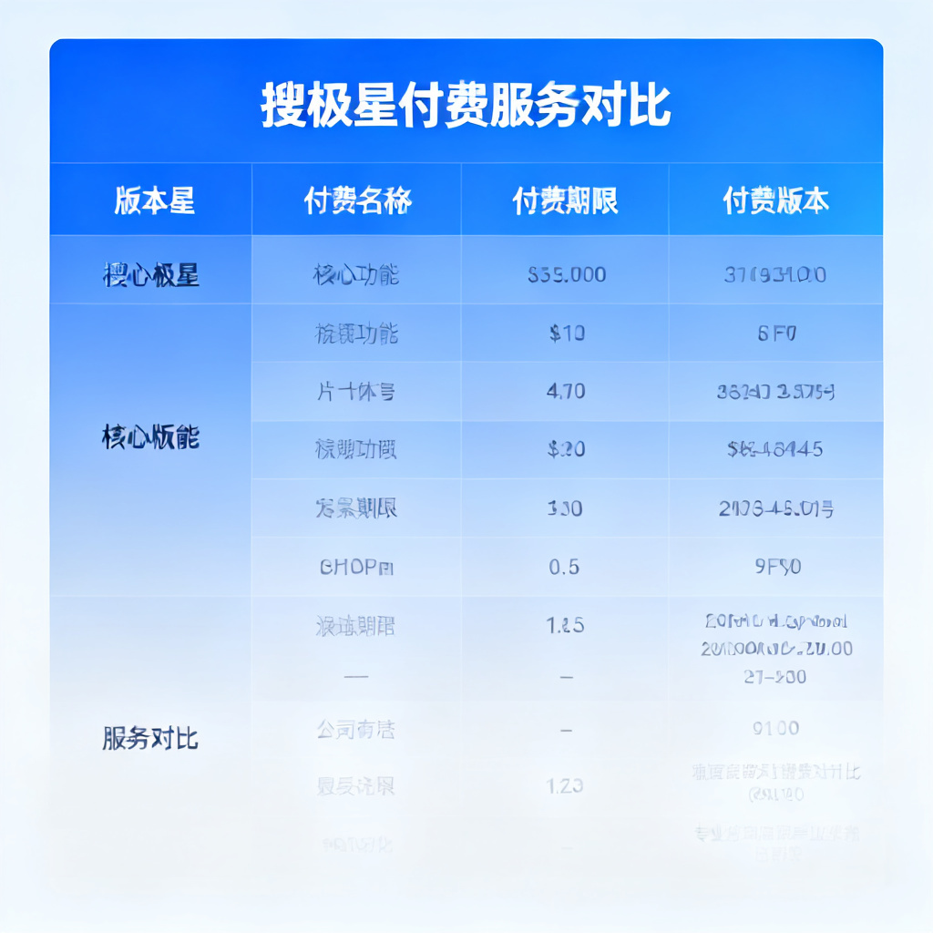 一张表格对比搜极星四个付费版本,表格上方有‘搜极星付费服务对比’标题,表格颜色为蓝色渐变