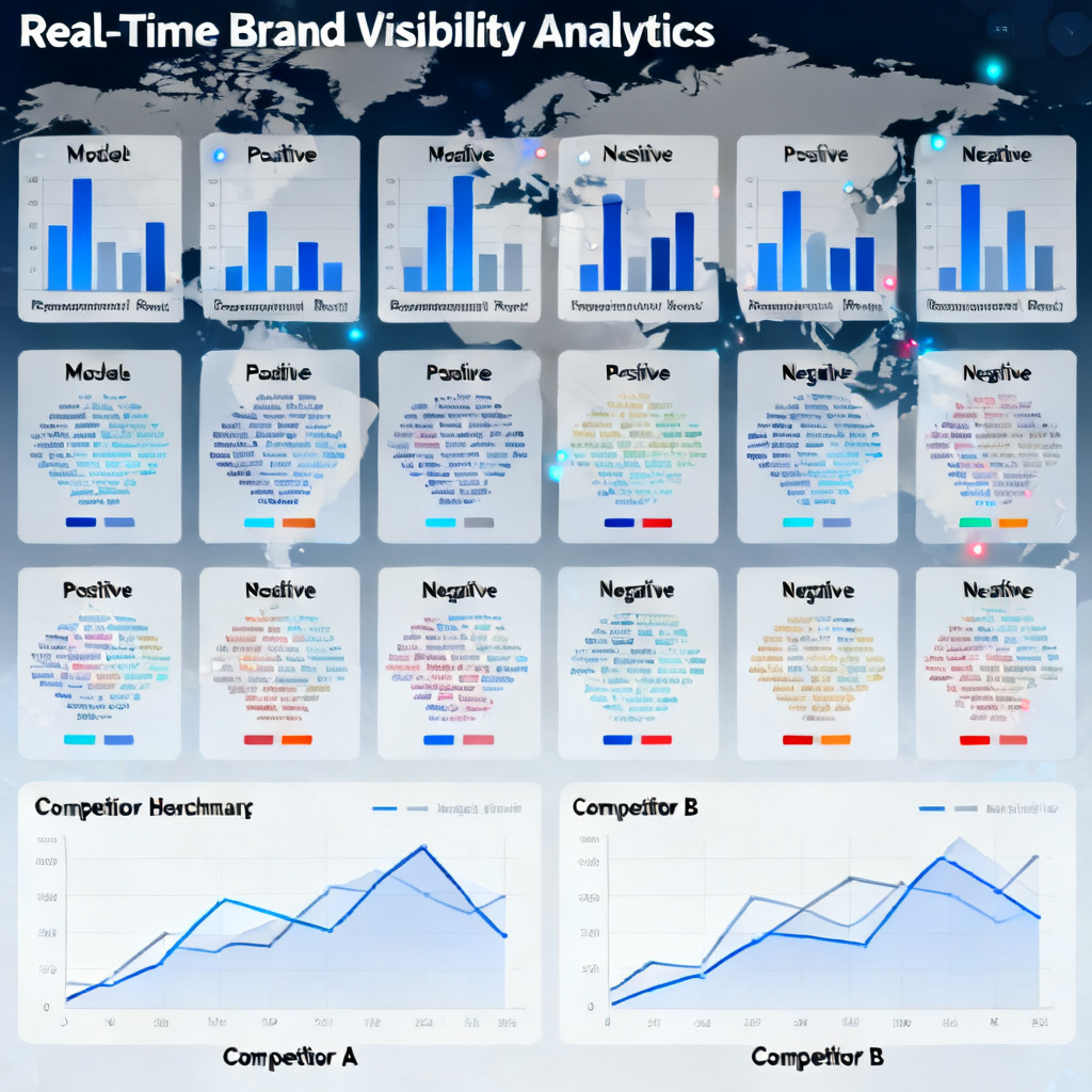 A dynamic dashboard with a world map background, showing real-time brand visibility scores across 12 AI models, including bar charts for recommendation rank, positive/negative sentiment word clouds, and competitor benchmarking data in a sleek business analytics style.