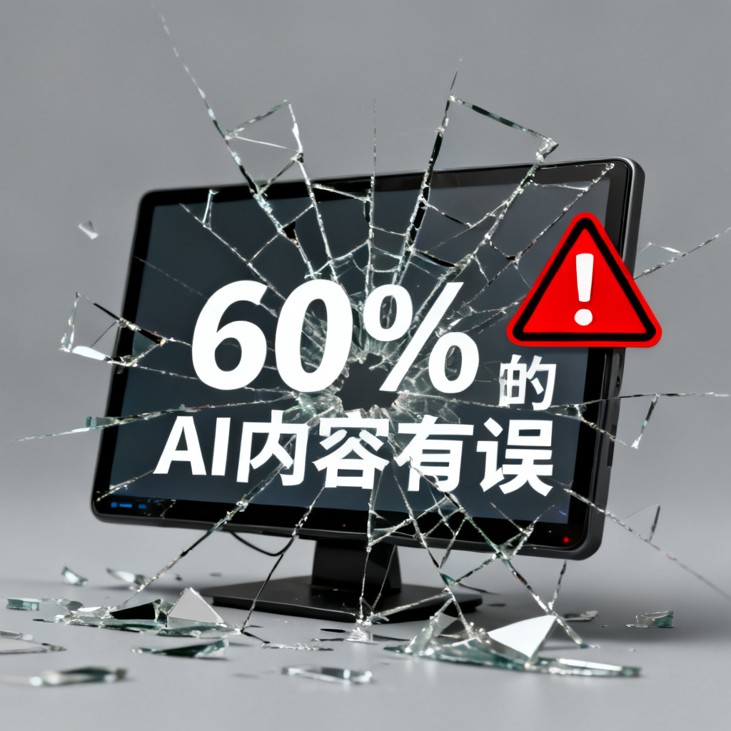 一张信息图，展示AI信息污染的数据：60%的AI内容有误，配以破碎的屏幕和红色警告标志，背景为灰色