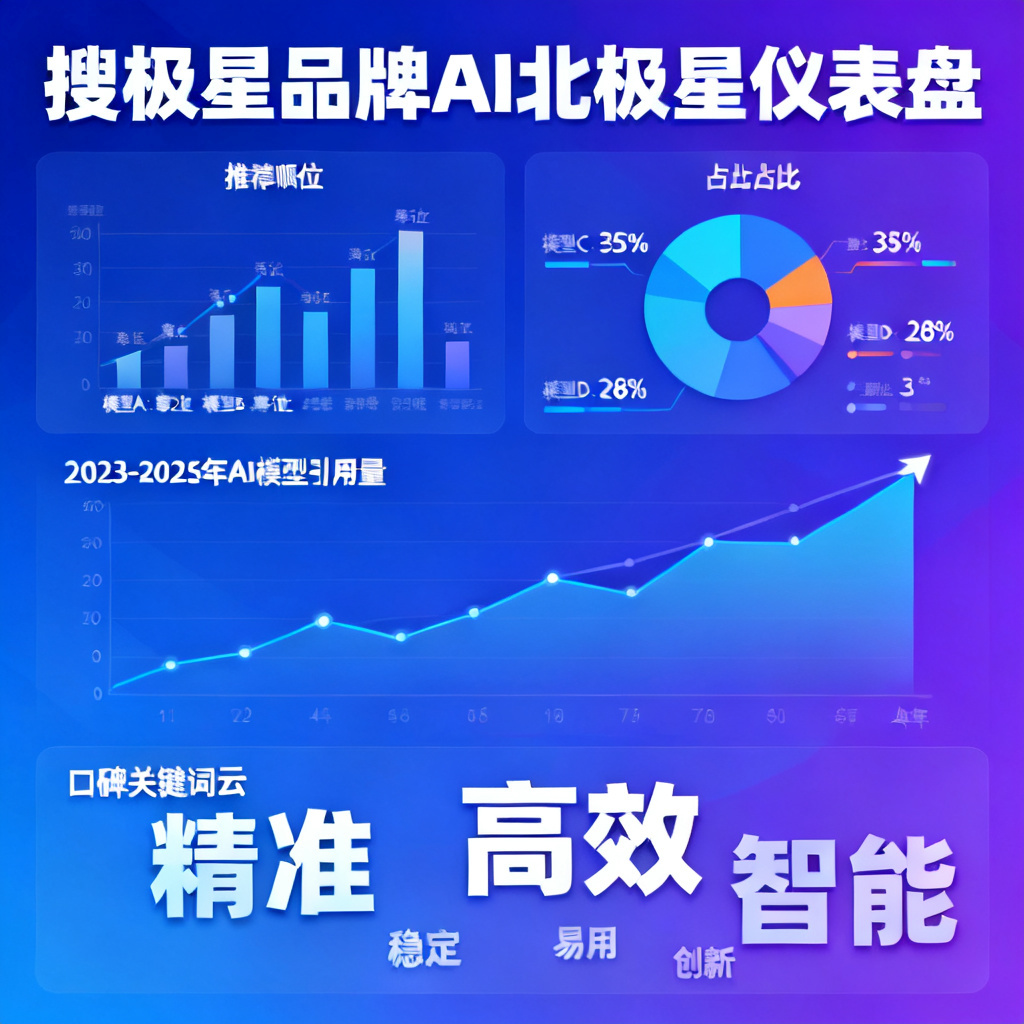 搜极星品牌AI北极星仪表盘,显示品牌在多个AI模型中的推荐顺位、引用占比和口碑关键词云,背景为动态增长曲线