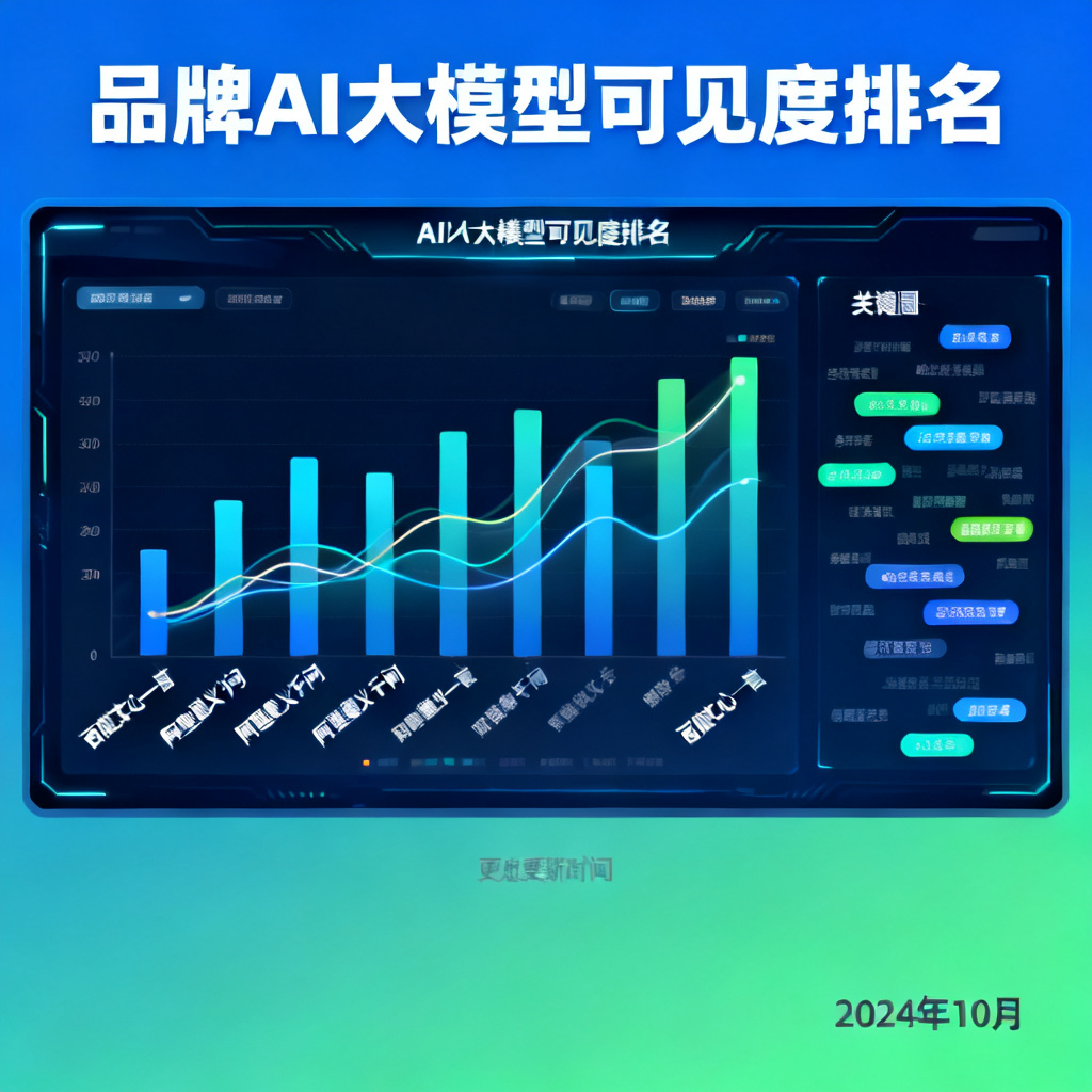 一个动态仪表盘，展示品牌在多个AI大模型中的可见度排名，包括百度文心一言、阿里通义千问等，带有趋势线和关键词云