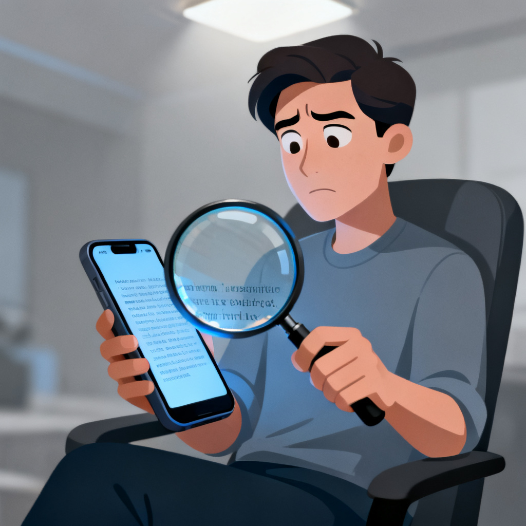 A skeptical person looking at a smartphone screen filled with AI-generated text, with a magnifying glass hovering over the text, symbolizing doubt and verification.
