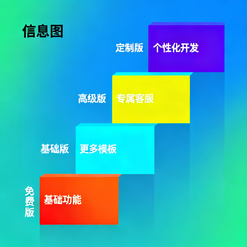 一张阶梯式价格对比图，从免费到定制版逐级上升，每个阶梯标注核心卖点，风格信息图