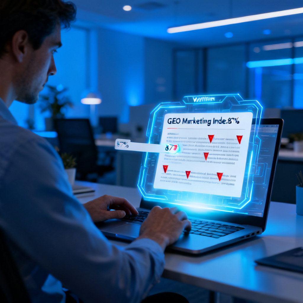 A person pasting text into a glowing verification portal on a laptop, with a report appearing showing "GEO Marketing Index: 87%" and red flags marking suspicious sentences, in a modern office setting with blue ambient lighting