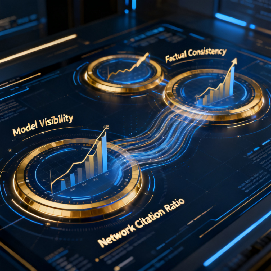 A futuristic dashboard with three concentric rings labeled "Model Visibility", "Factual Consistency", and "Network Citation Ratio". Data streams and charts flow between the rings, showing real-time growth trends. The color scheme is dark blue and gold, suggesting enterprise-grade sophistication.