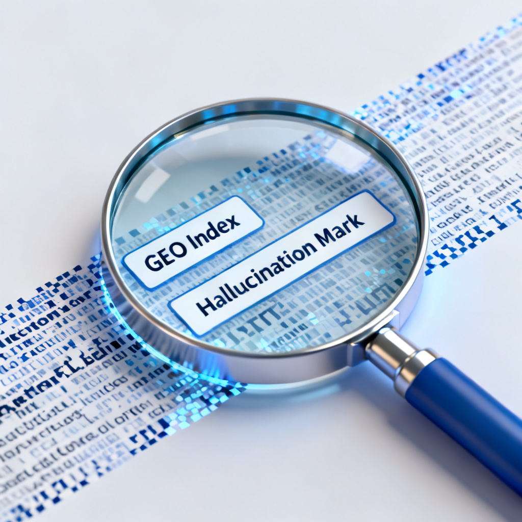 A 3D illustration showing a magnifying glass scanning a stream of digital text, with highlighted areas labeled 'GEO Index' and 'Hallucination Mark'. Style: tech, clean, blue and white.