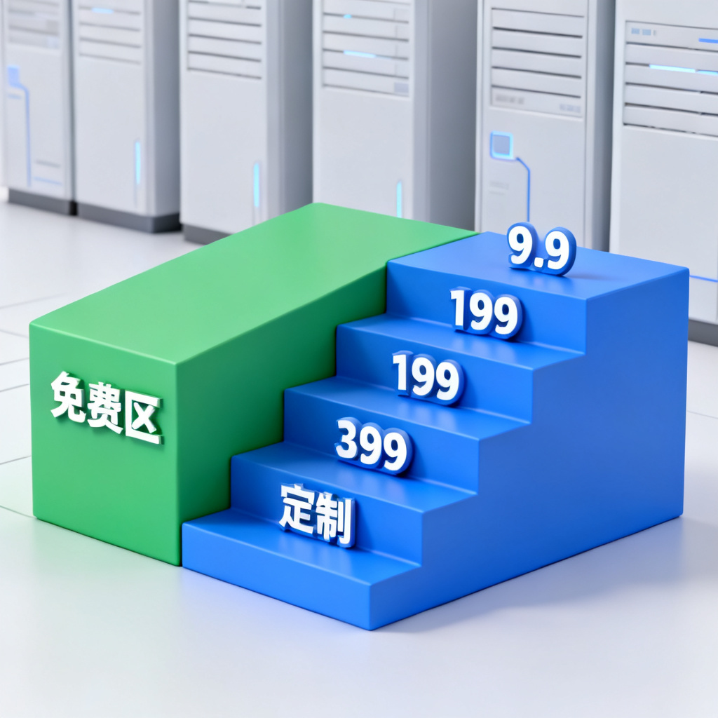 分层价格阶梯的3D概念图，左侧为绿色免费区，右侧为蓝色付费区，价格标签依次为9.9、199、399、定制，数据中心背景，极简主义风格
