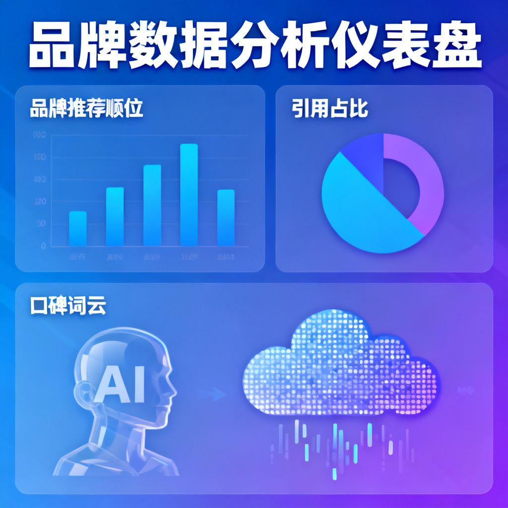 一个动态仪表盘界面，显示品牌推荐顺位、引用占比、口碑词云等指标，背景为AI模型图标