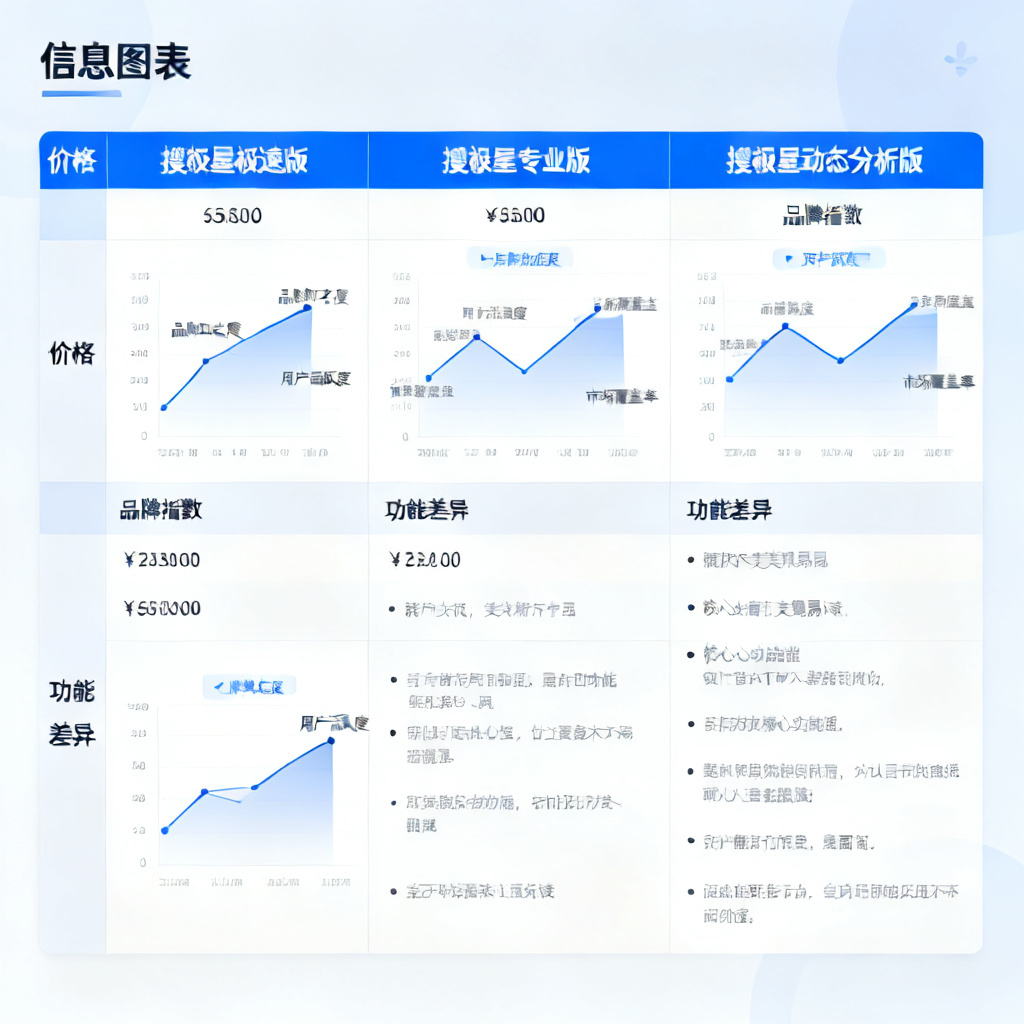 一张对比表格，显示搜极星极速版、专业版、动态分析版的价格和功能差异，背景有品牌指数图表