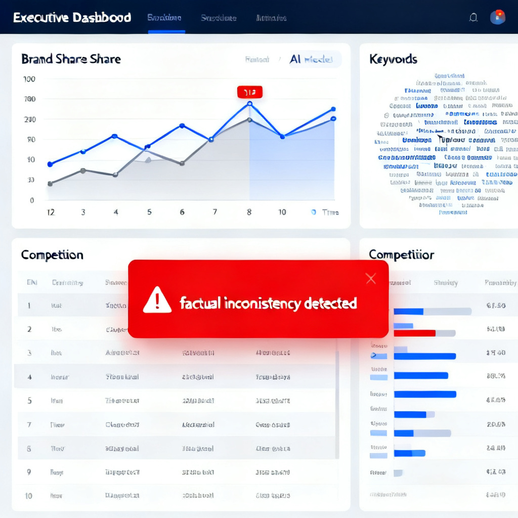 An executive dashboard with line charts showing brand mention share across 12 AI models over time, with keyword cloud and competitor comparison tables, a red alert for "factual inconsistency detected"