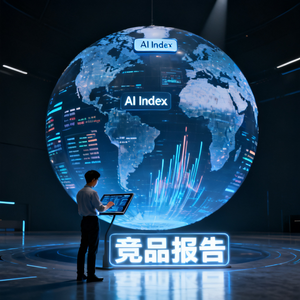 一个巨大的球形屏幕，上面显示全球地图和行业指数数据，人物站在屏幕前操作，屏幕上有“AI Index”和“竞品报告”的标签，风格为未来主义。