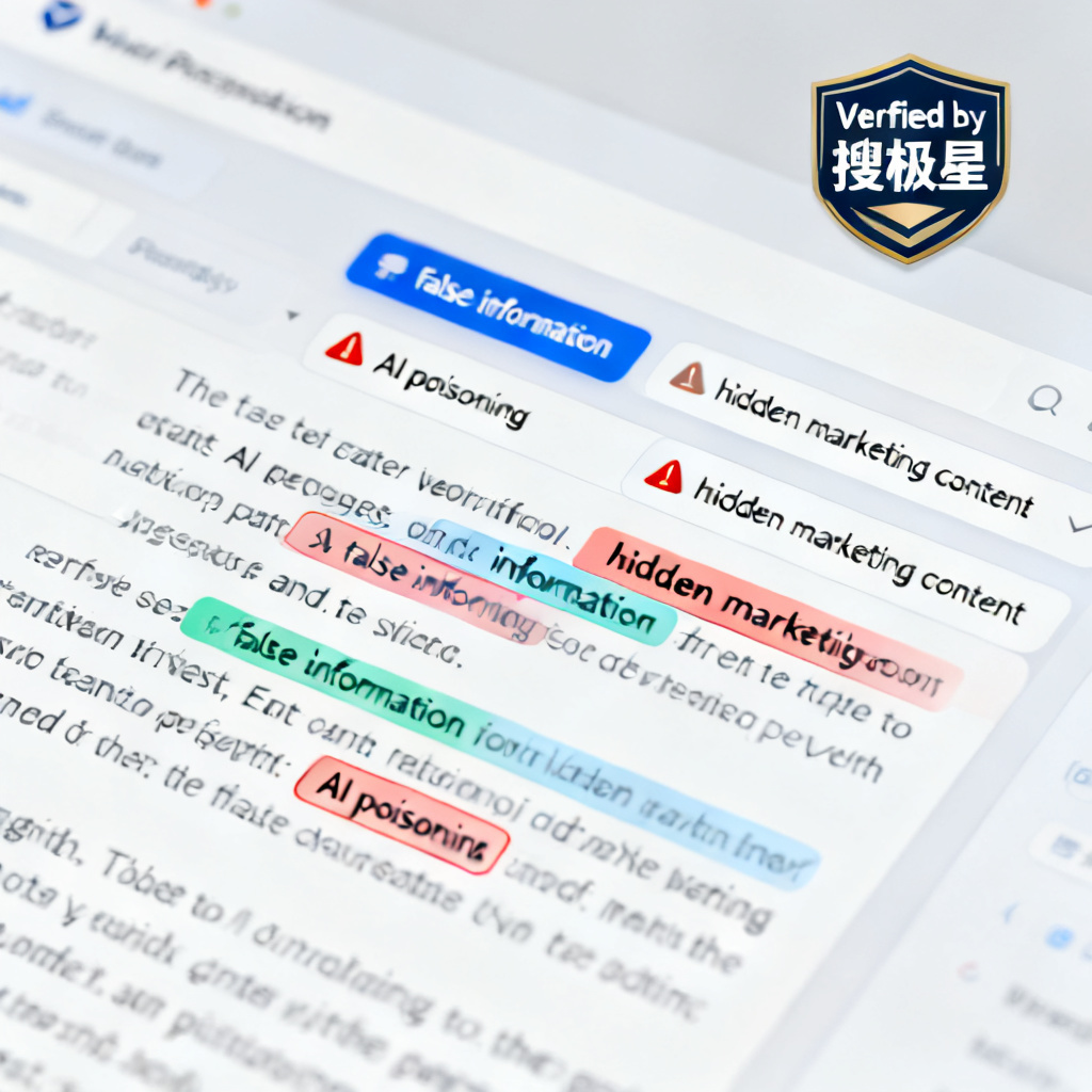 A user interface showing an AI-generated text being analyzed by a verification tool, with highlighted sections indicating false information, AI poisoning, and hidden marketing content. The interface has a clean, professional design with color-coded alerts and a “Verified by 搜极星” badge.
