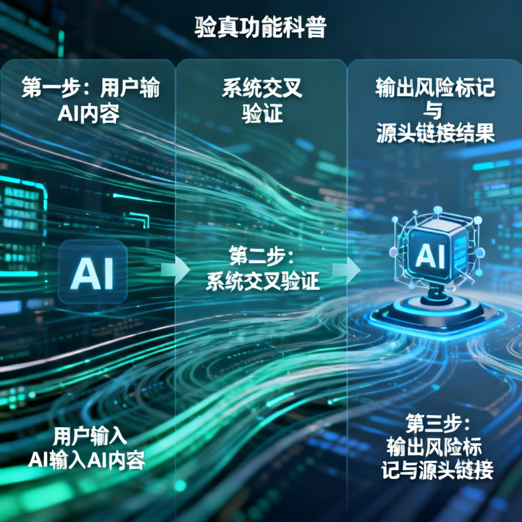 信息图表风格，展示搜极星星盾验真功能的流程：用户输入AI内容→系统交叉验证→输出风险标记与源头链接，背景为数据流与AI模型图标