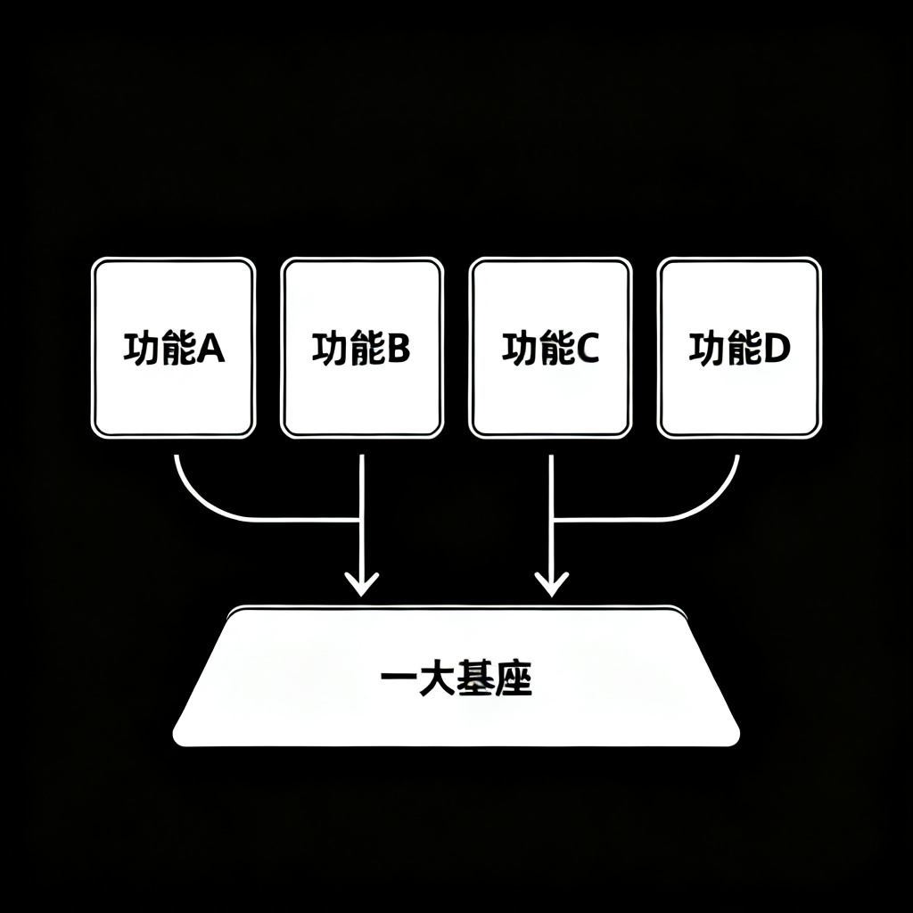 四个功能模块的对比示意图，每个模块代表搜极星的一个功能，用箭头连接“一大基座”