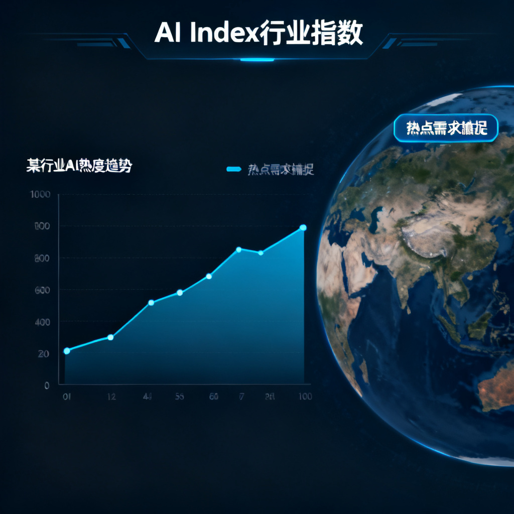 一张实时更新的仪表盘界面，显示“AI Index行业指数”，有折线图展示某行业AI热度趋势，旁边有“热点需求捕捉”标签，背景是地球图形