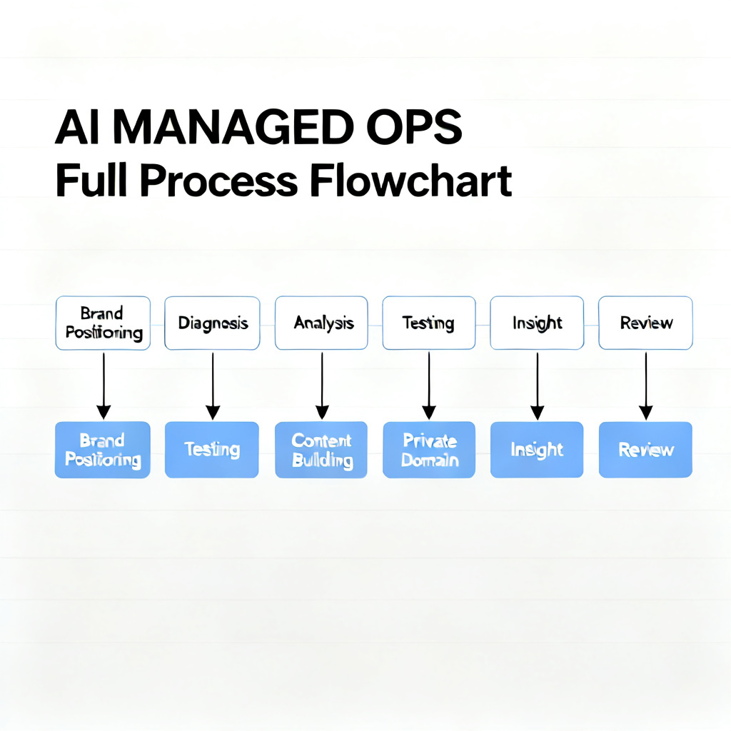 A flowchart for 'AI MANAGED OPS' full process: brand positioning, diagnosis, analysis, testing, content building, private domain, insight, review. Minimalist style.
