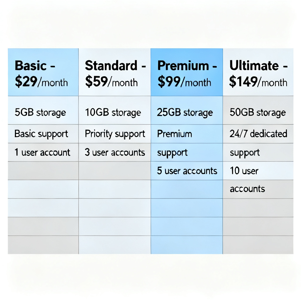 A comparison chart of four product tiers with price tags and feature lists, in a clean professional style.