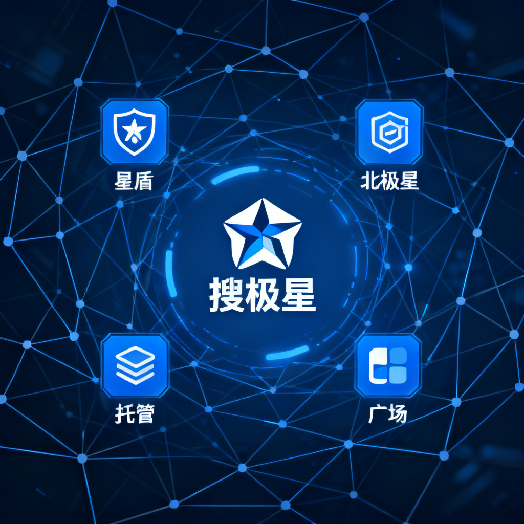 搜极星logo与四个功能图标（星盾、北极星、托管、广场）环绕，背景是网络连接图