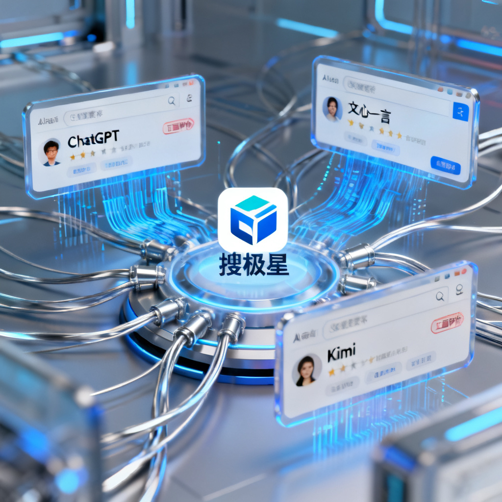 一张未来主义风格的图片,展示一个品牌标志在多个AI模型(如ChatGPT、文心一言、Kimi)的搜索结果中排名靠前且获得正面评价,周围环绕着数据流和连接线,象征搜极星带来的品牌可见度。